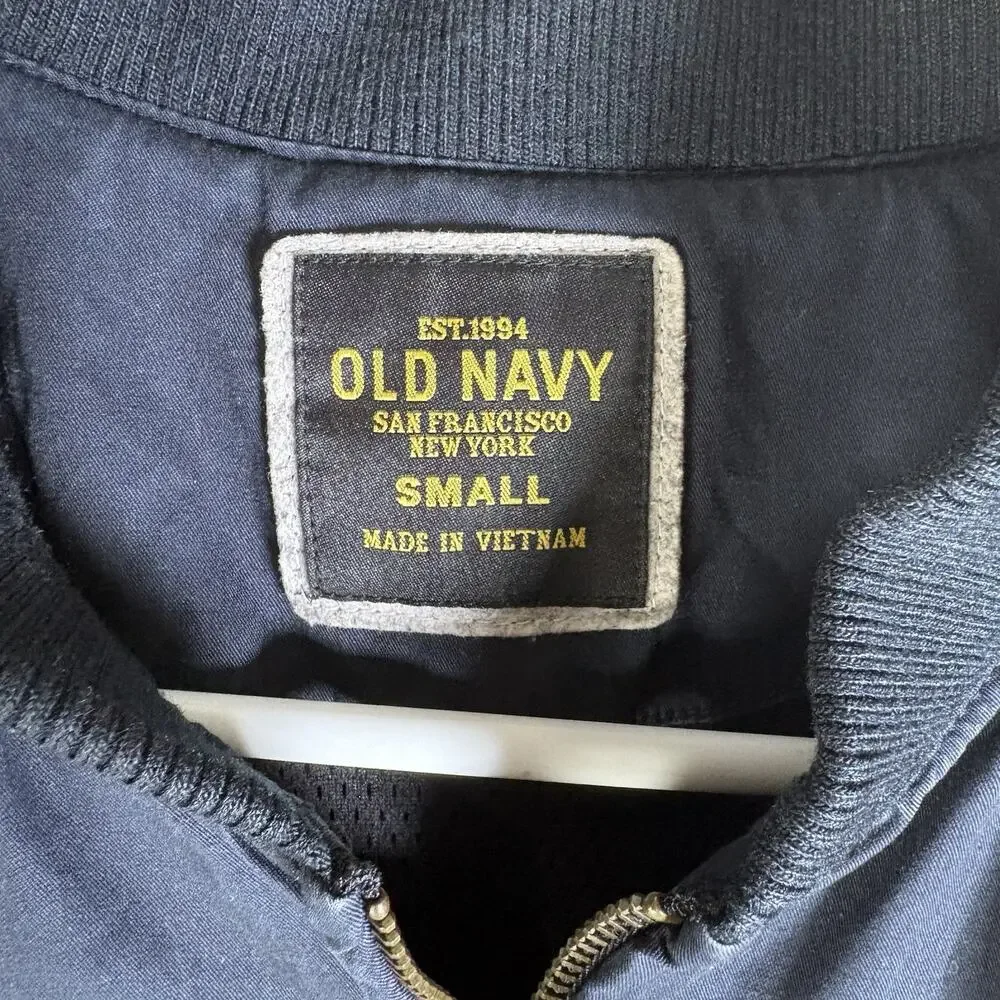 Vintage Old Navy Bomber Jacket Mens Small Blue Varsity Mesh Lined Band Collar